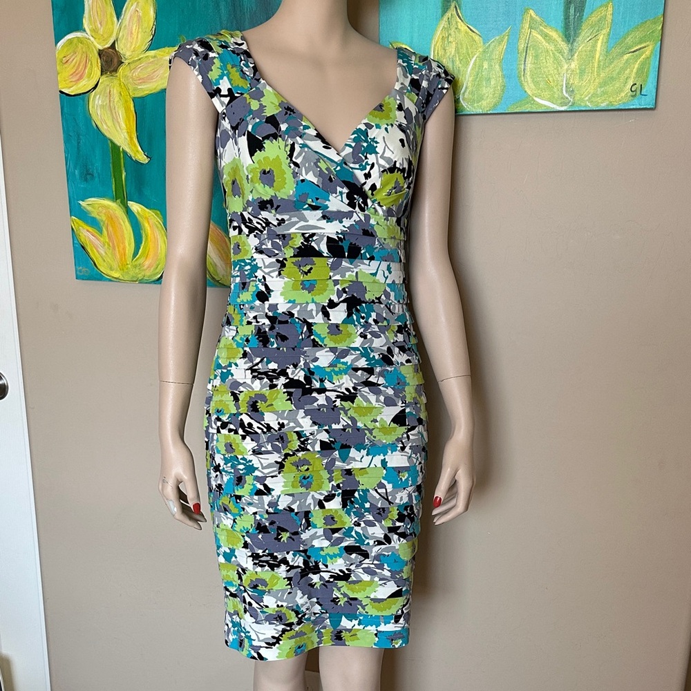 London Times Green, Blue & Gray Floral Ruched Sheath Dress